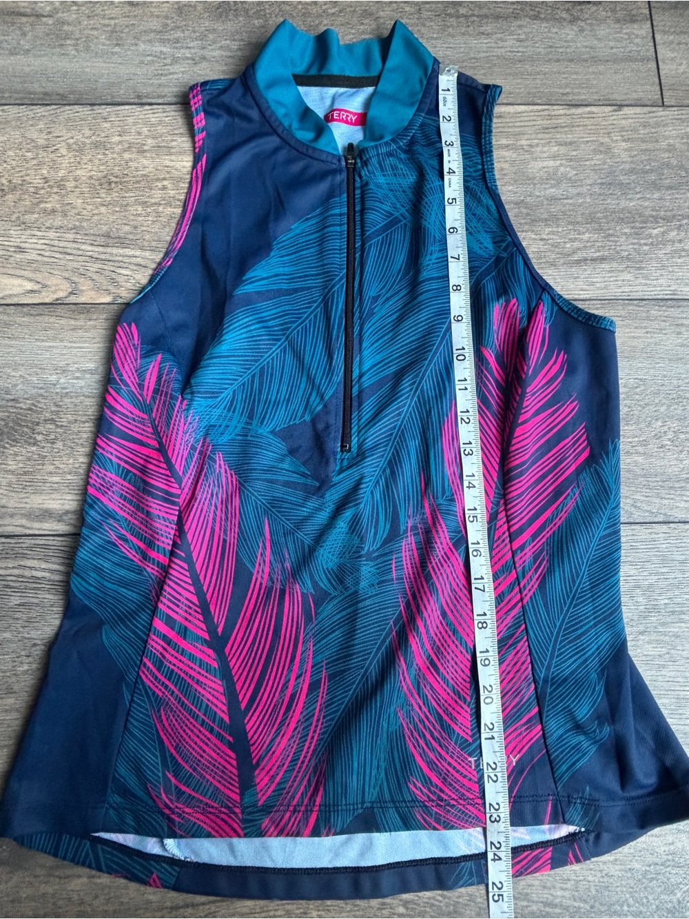 Terry Cycling Mesh Sleeveless Bike Jersey Tank Top Pink Blue Feathers Pockets L - Picture 7 of 12